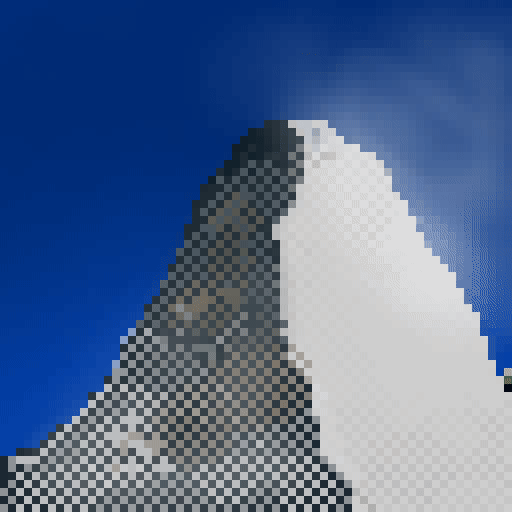 A pixel art rendition of a mountain peak (probably the Matterhorn) in the distance with tiny climbers making their way up to then unfurl a Swiss flag. Wind blows plumes of snow dust off the mountain.